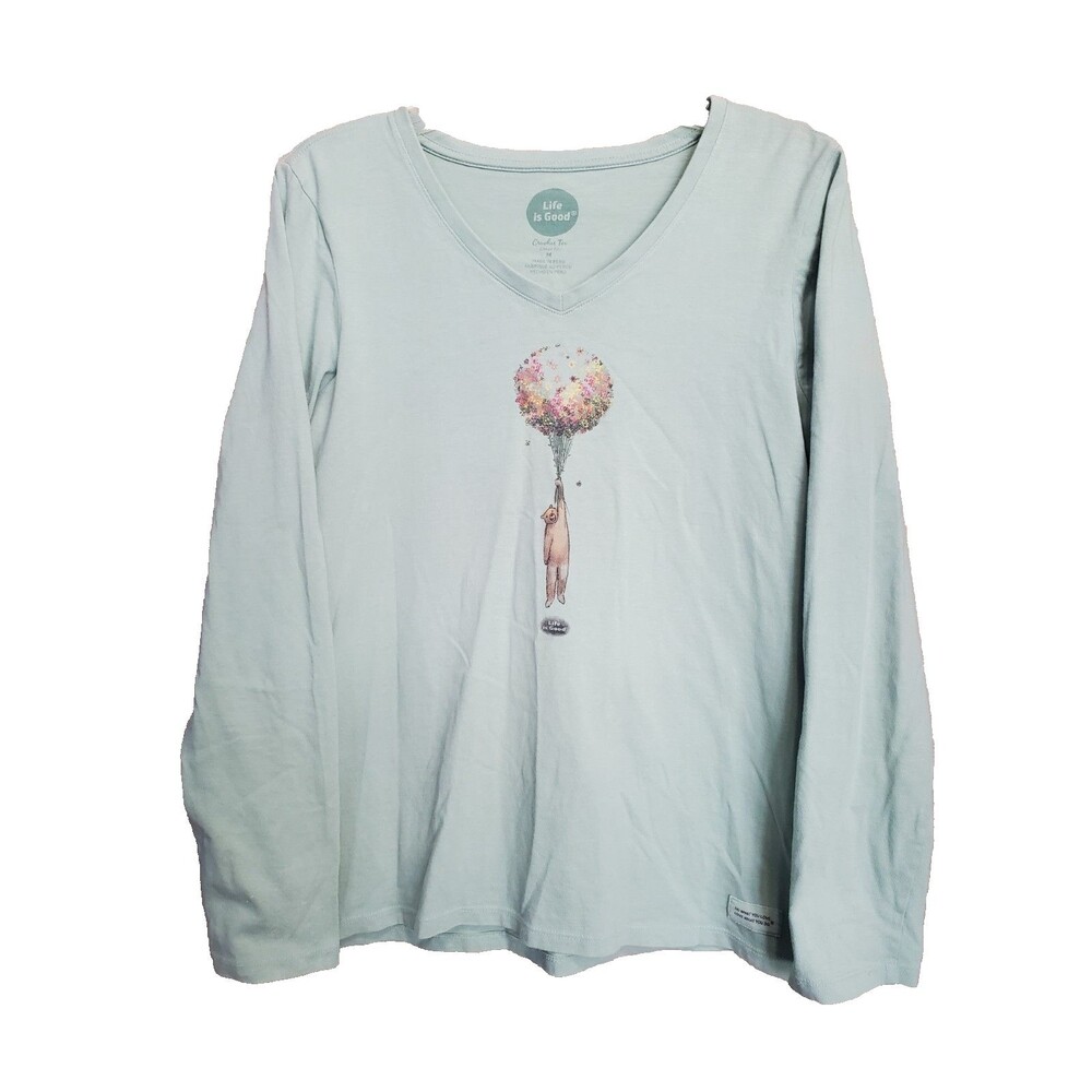 Life is Good Women's Green V-Neck Teddy Bear with Balloons Crusher T-Shirt MED
